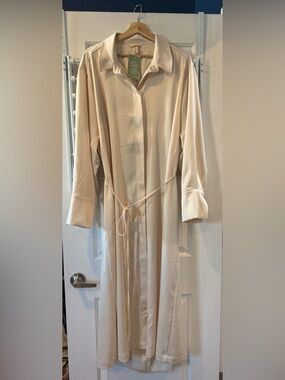 H&M Cream Long Satin Shirt Dress with Waist Tie